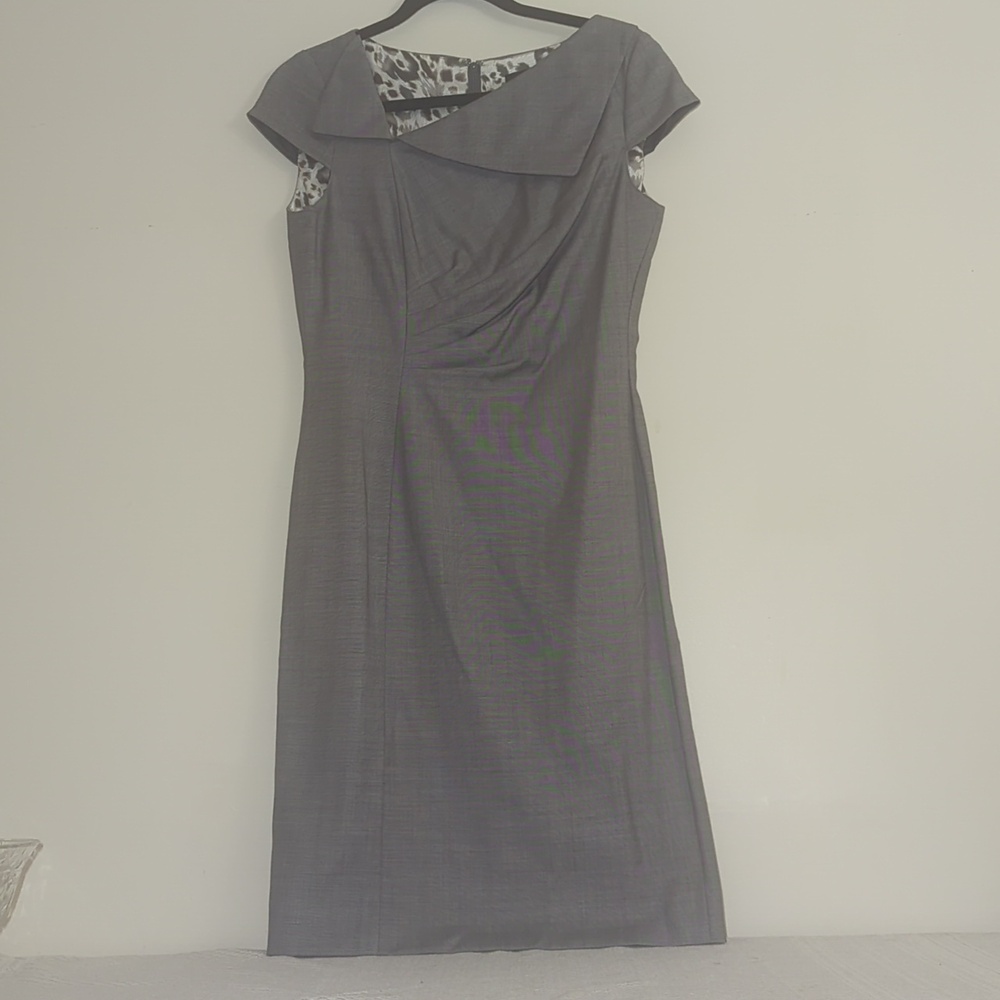 Tahari Asymmetrical Gray Dress with Cap Sleeves